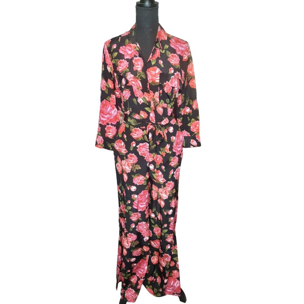 NWT L'AGENCE Teddy 3/4 Slv Belted Jumpsuit Silk Pockets Wide Leg W/ Side Slit 2